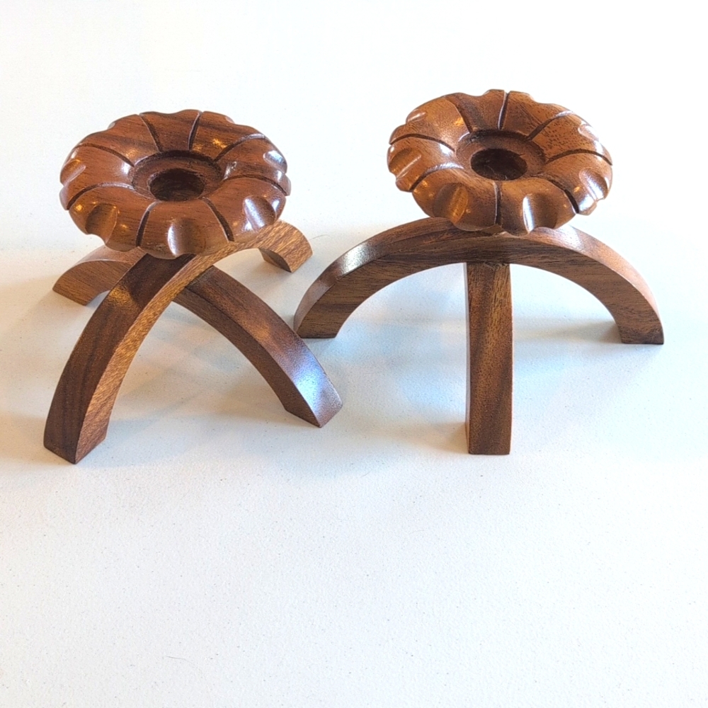 Vintage 70s (2) Modernist Wood Carved Tapir Candlestick Holders